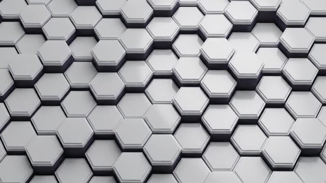 Seamlessly looping geometric pattern with an endless array of white hexagonal tiles rotating and pulsing against a deep gray background dynamic, visual, clean lines