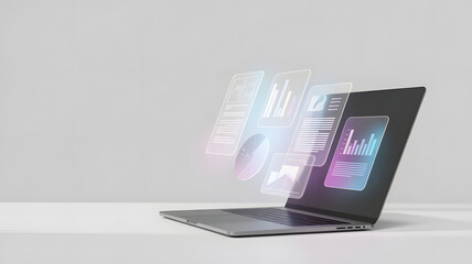 Digital data analysis emerging from laptop screen for business