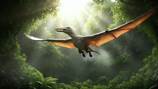 Pterodactyl Gliding Through a Lush Green Forest with Sunlight Breaking Through the Canopy in a Fantasy Setting