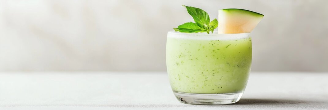 Healthy green smoothie with melon and basil in glass. Refreshing detox drink on light background with copy space. Banner