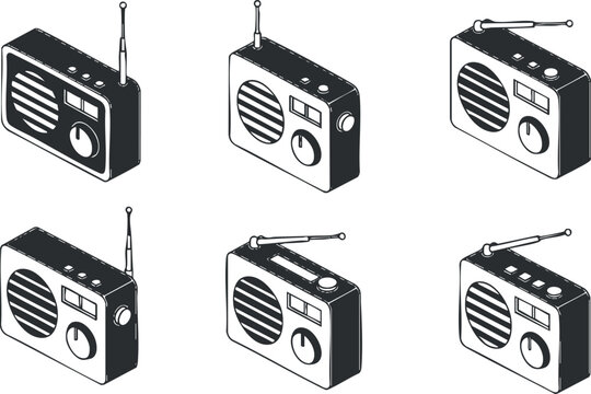A set of vintage radios in outline black and white vector style, ideal for music and communication themed projects