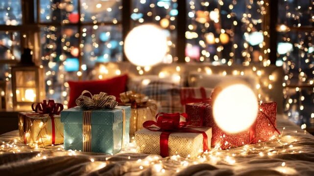 Cozy indoor holiday scenes with wrapped gifts, warm string lights, and glittering bokeh in cozy glow
