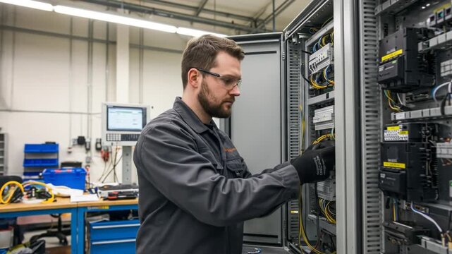 Technician with safety glasses works on an industrial electrical control panel with wiring and components