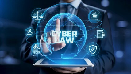 businessman hand pointing hologram cyber law globe icon regulation policy security document shield network digital compliance protection data technology concept - Powered by Adobe