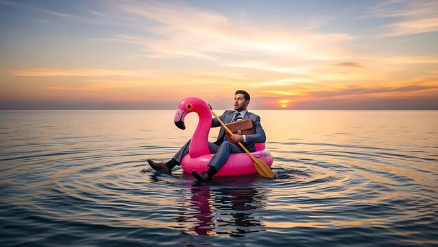 Lost Businessman on an Inflatable Pink Flamingo Ring Floating Alone in the Ocean at Sunset, Crisis Concept