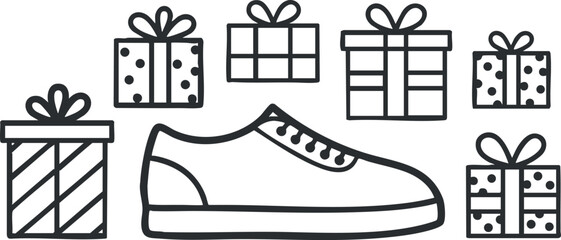 A sneaker surrounded by various gift boxes in minimalist outline vector style, ideal for holiday promotions and marketing campaigns