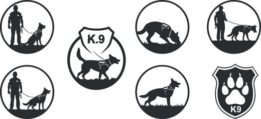 A collection of K9 police dog icons and silhouettes in black and white vector style, ideal for law enforcement branding and training materials
