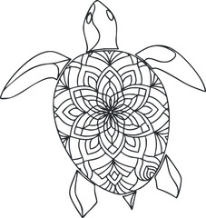 A decorative turtle illustration featuring a mandala design in black and white outline vector style, suitable for artistic projects