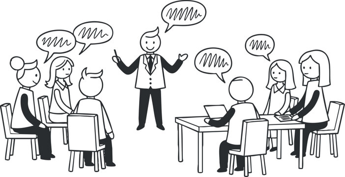 A group of people engaged in a discussion with a speaker in black and white linear vector style, suitable for business presentations and teamwork illustrations