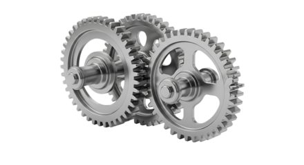 Three interlocking metallic gears, visible teeth and central shafts, cutout, PNG isolated on white or transparent background