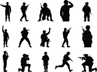 Silhouette collection of soldiers in various poses on white background