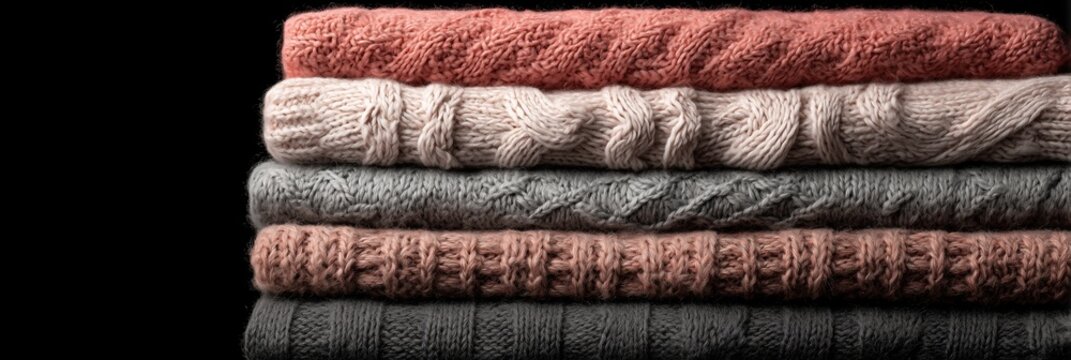Stack of chunky knitted sweaters folded neatly, featuring mixed rib and cable textures banner. Panoramic web header. Wide screen wallpaper - Powered by Adobe