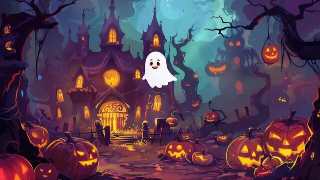 Video Spooky Halloween scene with pumpkins and castle, suitable for fall festivities or haunted house decorations