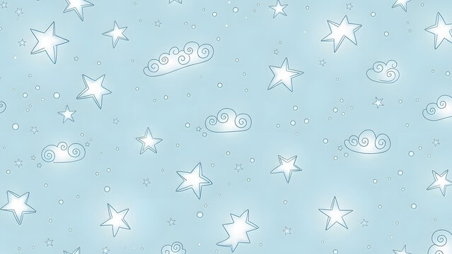 Seamless pattern of stars and clouds dreamy illustration for textile design soft blue background