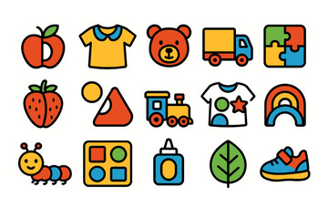 Colorful set of playful child-friendly icons featuring toys, fruits, and clothes