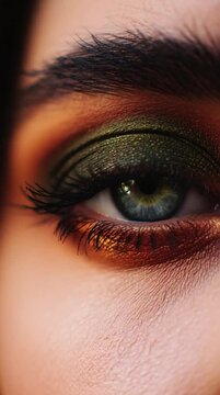 Close-up macro shot of a human eye with striking blue and yellow tones in the iris, metallic makeup in shades of bronze, gold, and deep green, with detailed skin texture and defined eyelashes visible.