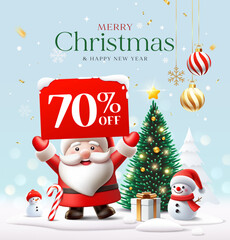 Naklejka premium Merry Christmas and happy new year sale, Santa Claus and snowman on snow poster design blue background