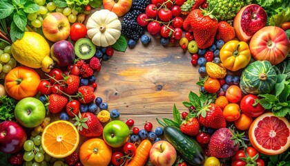 Vibrant Assortment of Fresh Fruits and Vegetables Arranged in a Heart Shape on a Rustic Wooden Table With Copy Space in the Center