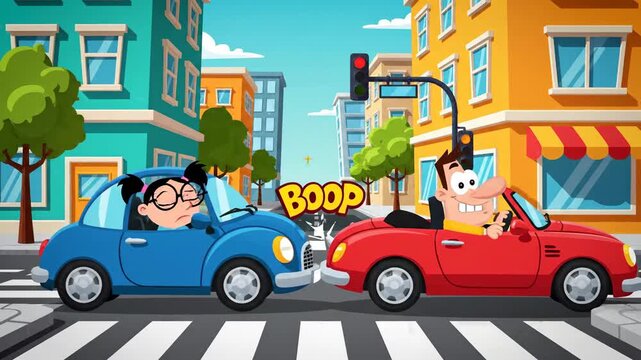 Cheerful Cartoon Man Driving Red Convertible Car on City Street with Traffic Light and Buildings
