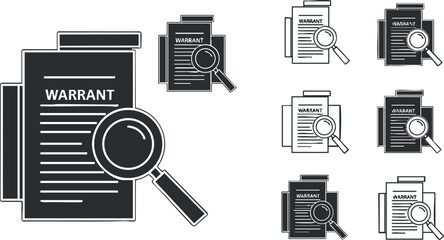 A collection of warrant documents with a magnifying glass in black and white outline vector style, suitable for legal presentations and investigations