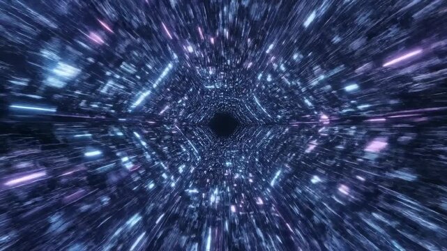 Seamlessly looping hypnotic blue and purple neon light tunnel moving rapidly into the deep void of a stylized cyberspace matrix hypnotic, deep void, corporate