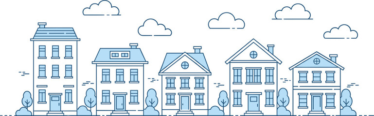 Minimal Blue Line Art Row of Suburban Houses Vector Illustration