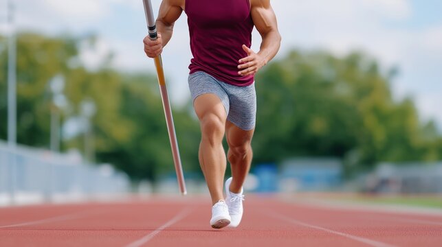 Male Javelin Athlete Sprinting On Track