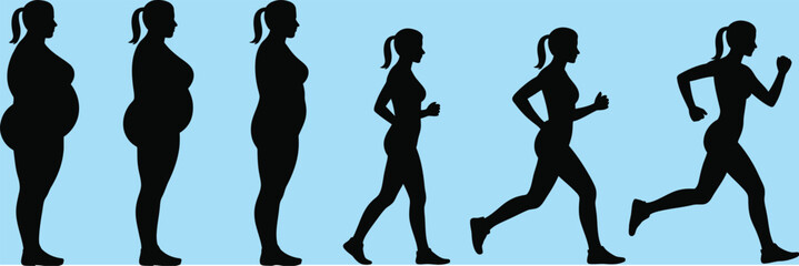 weight loss transformation silhouette set depicting progressive stages of an overweight woman transforming into a healthy active runner perfect for nutrition guides fitness blogs personal training