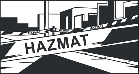 A hazmat warning sign displayed in black and white minimalist vector style, suitable for safety and emergency awareness designs