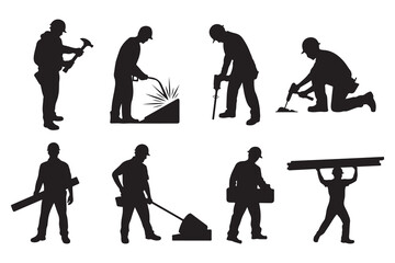 a collection of construction workers in various poses shown as dark shapes against a white background silhouette