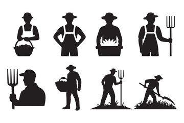 a collection of black farmer figures in various poses with tools and baskets all rendered in silhouette
