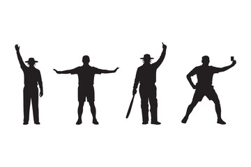 a row of four figures in various poses seemingly celebrating or gesturing with arms raised silhouette