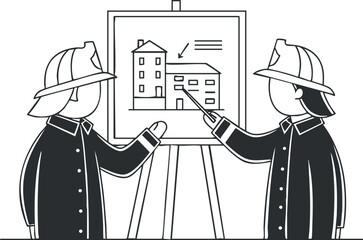 A pair of firefighters discussing a building plan on a presentation board in black and white outline vector style, suitable for safety training materials