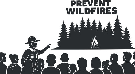 A ranger educating a group about wildfire prevention in a black and white silhouette vector style, ideal for environmental awareness campaigns