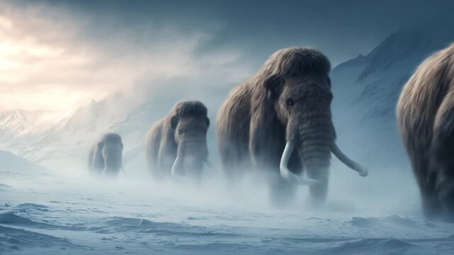 Snow-draped plains show a herd of woolly mammoths trudging through fog toward distant, jagged peaks