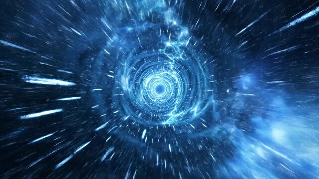 Seamlessly looping hypnotic flight through an endless cosmic blue wormhole tunnel made of flowing ethereal light and particulate matter cosmic, glow, energy