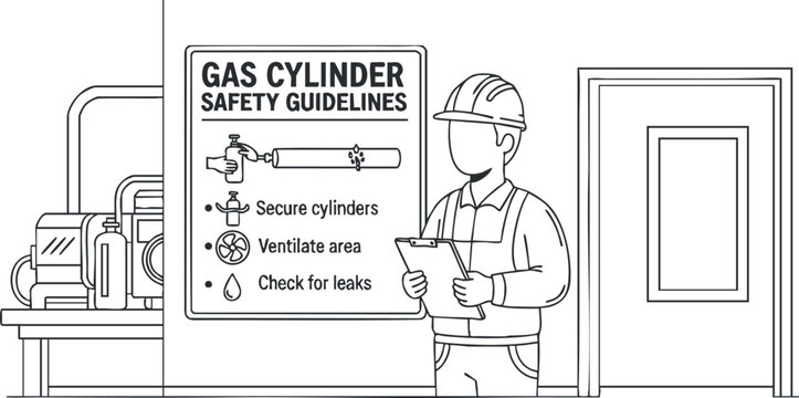 A worker reading gas cylinder safety guidelines in flat black and white vector style, ideal for industrial safety training materials