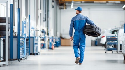 A mechanic in a blue uniform walks through an auto workshop while carrying a car tire.