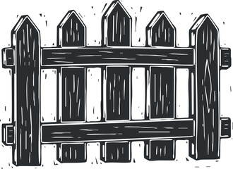 A rustic wooden fence illustration in hand-drawn black and white style, suitable for rural and gardening themes