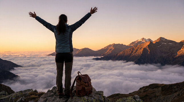 Confident businesswoman celebrating success on mountain peak with arms raised at sunrise - Powered by Adobe