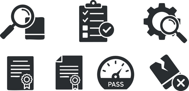 A collection of inspection and evaluation icons including a magnifying glass, checklist, gear, and certificates in flat black and white vector style, ideal for business and management branding