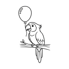 Cute cartoon parrot holding a balloon on a branch