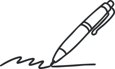 A simple outline drawing of a pen writing on paper in minimalist black and white vector style, suitable for educational and office design projects