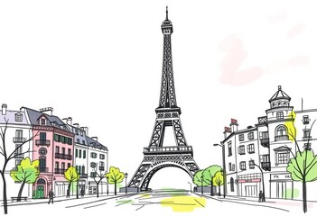 Obraz premium Whimsical sketch of Parisian landmarks, Eiffel Tower prominent, loose style, pen, symbol