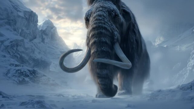 Massive woolly mammoth trudges through blizzardy ice fields, curved tusks gleaming, dawn frost over!
