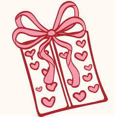 Minimalist line art doodle illustration of a decorated gift box wrapped with pink hearts and a large ribbon bow on a light background. Perfect for celebrations, surprises, anniversaries, and romance.