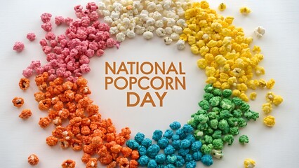Colorful candied popcorn arranged in a circle for national popcorn day event