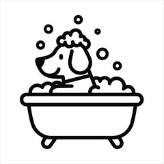 Cute dog in bathtub with bubbles enjoying a bath and grooming