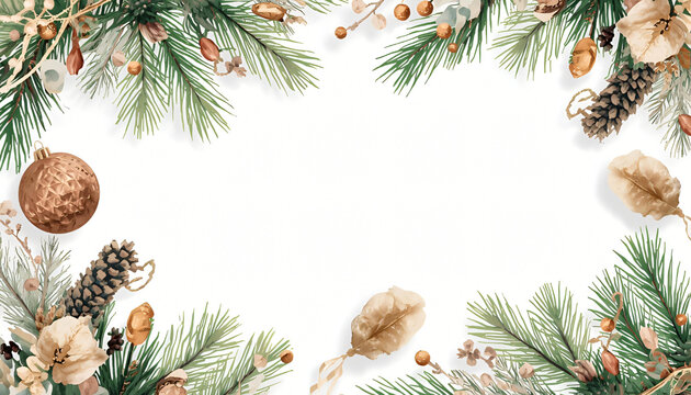 Festive branch watercolor with white berries, pine cones, and golden details for headers