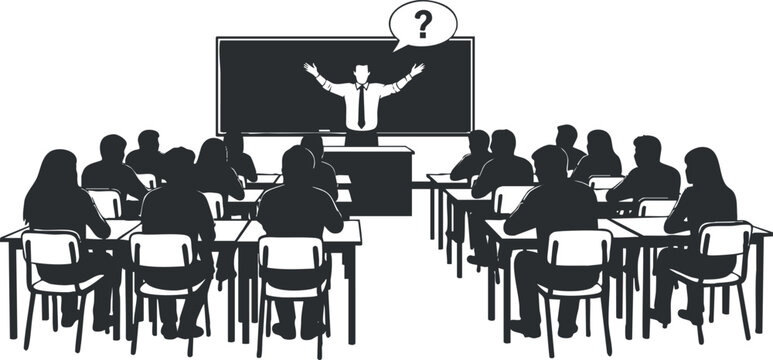 A classroom scene with a teacher presenting to students in black and white vector style, ideal for educational materials